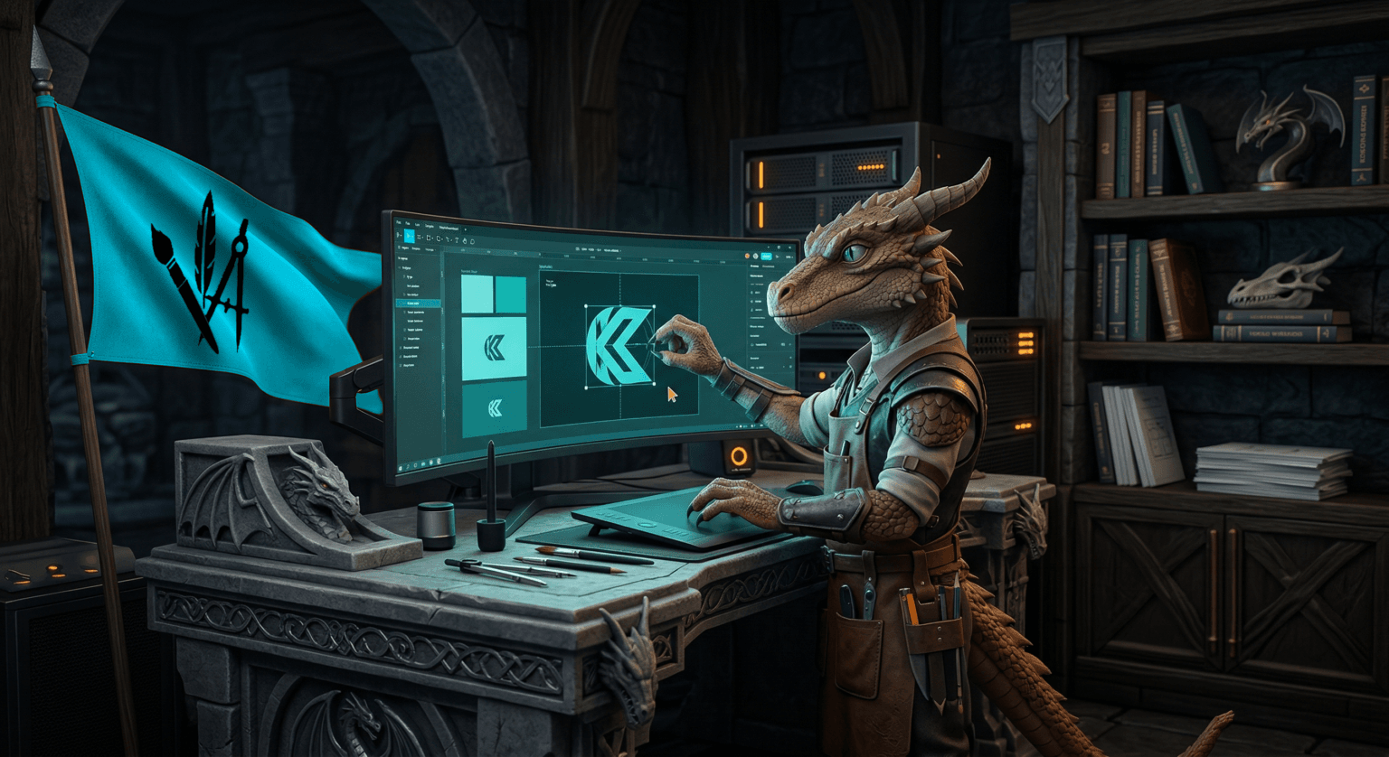 Sprocket, the Kobold Creative mascot, working at a stone workbench in a lair — refining a logo on a curved monitor with a drawing tablet, brushes and the Kobold flag beside him.